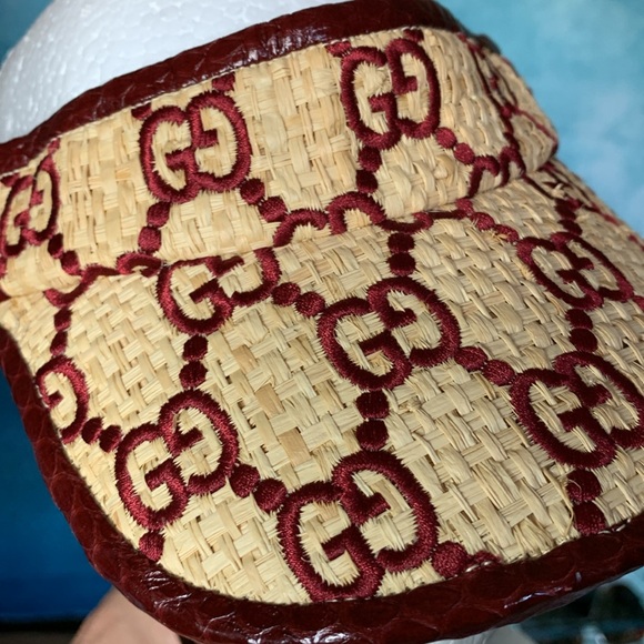 Gucci Maroon Red Raffia Monogram Snake Skin Visor Hat Sz. M - Picture 6 of 9
